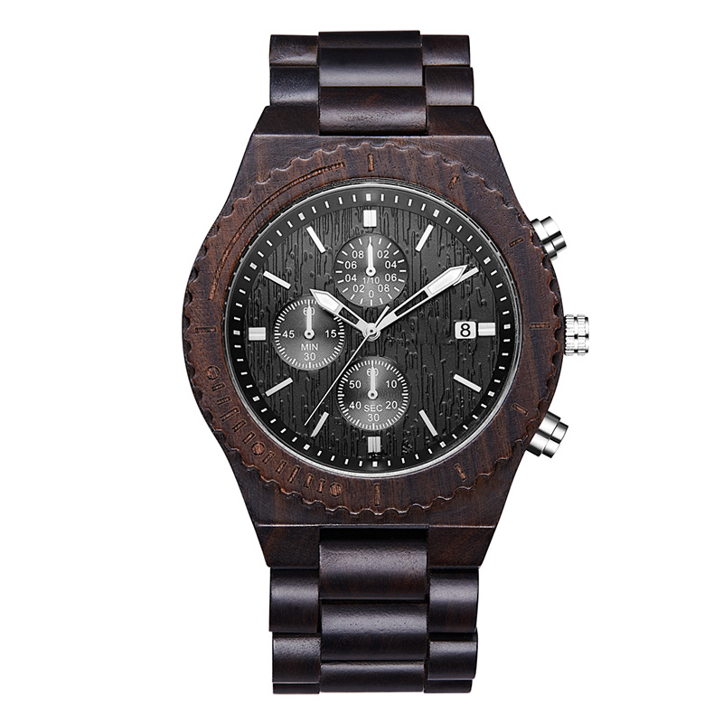 นาฬิกาไม้ชายโครโนกราฟสีดำมัลติฟังก์ชั่นนาฬิกาไม้ธรรมชาติเป็นมิตรกับสิ่งแวดล้อม